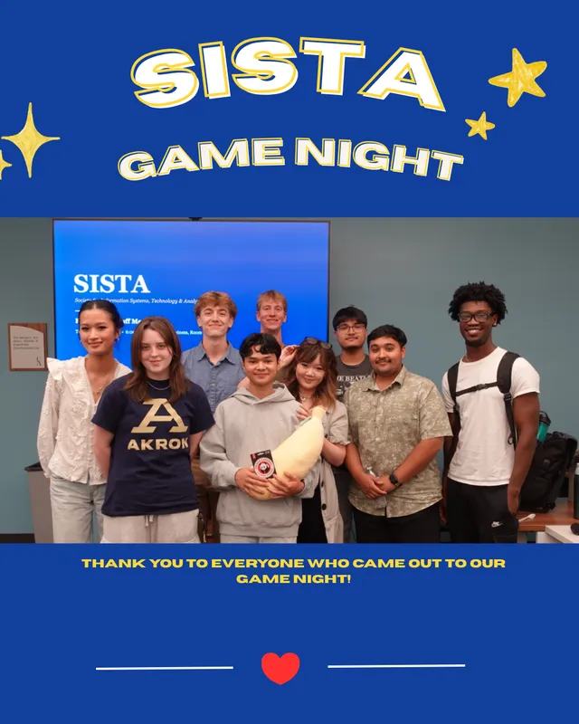 SISTA Game Night thank-you graphic featuring the student group photo.