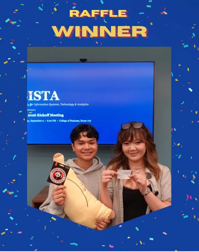SISTA raffle winner graphic with two students and the kickoff presentation behind them.