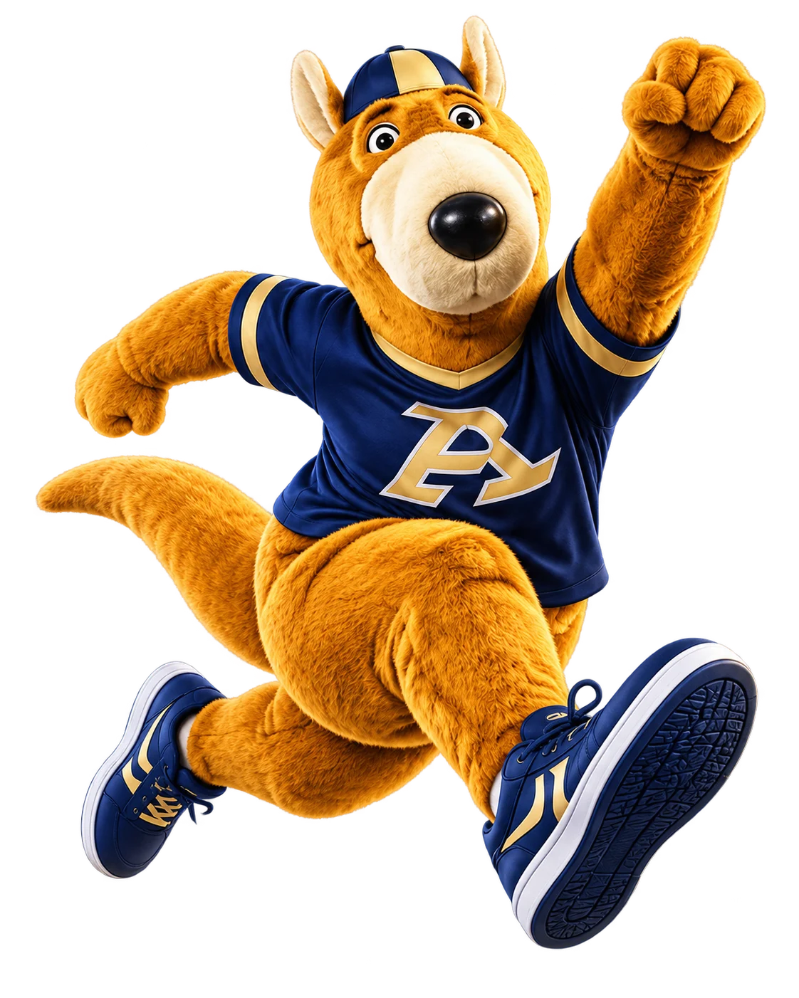 Zippy, Akron’s kangaroo mascot, leaping forward in blue and gold.